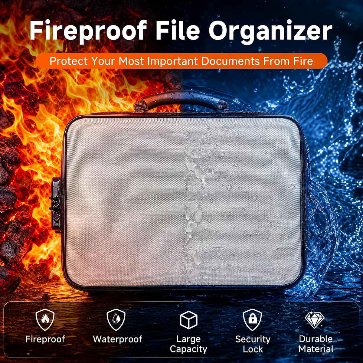 Fireproof Document Box With Lock, 16 Pocket Document Organizer