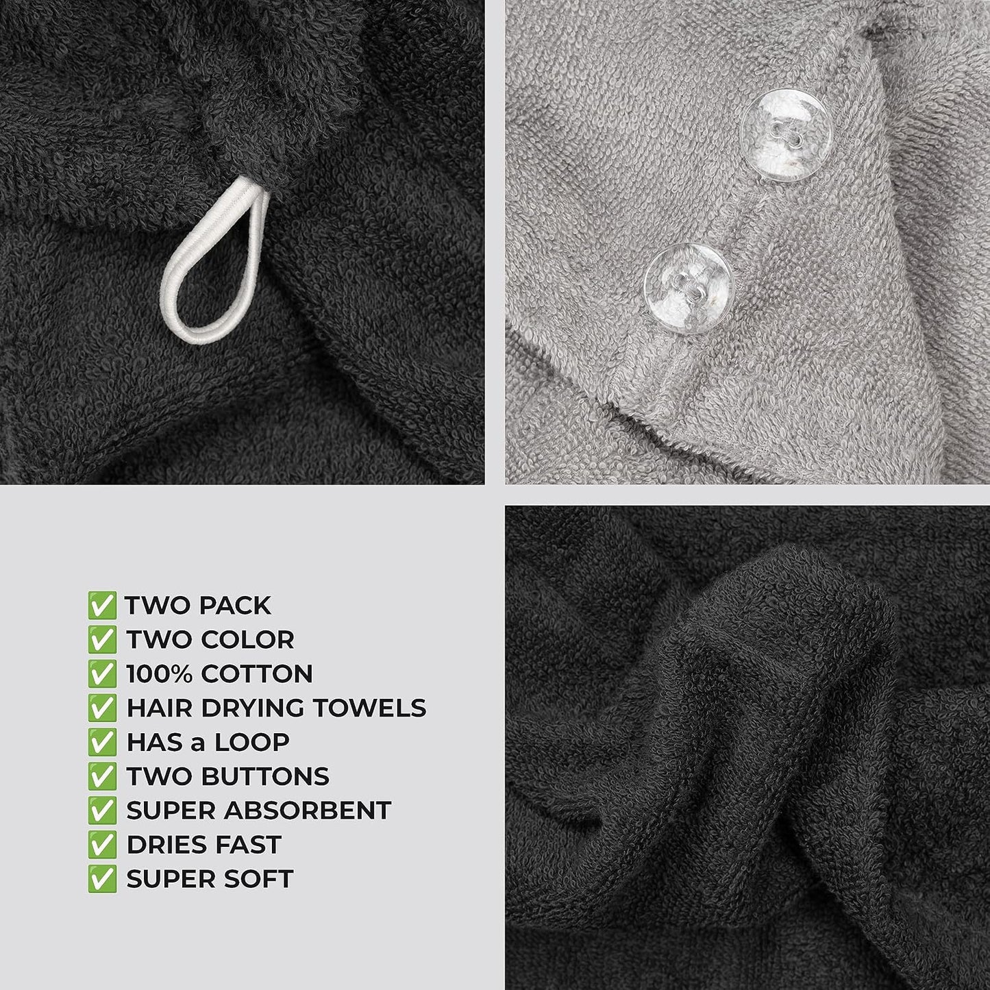 American Soft Linen 100% Cotton Hair Towels for Women, Head Towel Cap, Cotton Hair Turban Towel Wrap for Long Curly Anti Frizz Hair, Soft and Absorbent Cotton Hair Towels 2 Pack, White