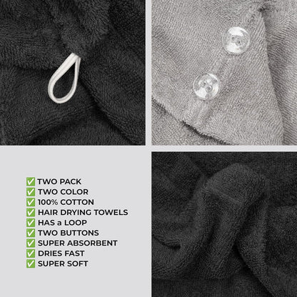 American Soft Linen 100% Cotton Hair Towels for Women, Head Towel Cap, Cotton Hair Turban Towel Wrap for Long Curly Anti Frizz Hair, Soft and Absorbent Cotton Hair Towels 2 Pack, White