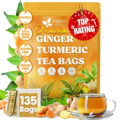 FreshDrinkUS, Premium 135 Ginger Turmeric Tea Bags, 100% Natural Ingredients, Hand-Made Blend of Ginger and Turmeric Herbal Tea, Eco-Conscious Tea Bags. No Sugar, No Caffeine, No Gluten, Vegan.