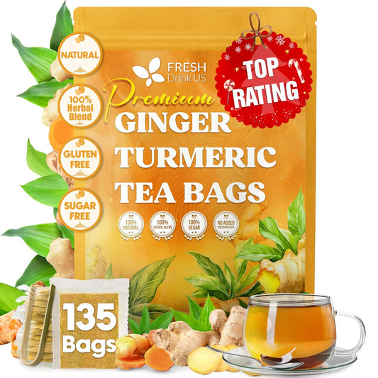 FreshDrinkUS, Premium 135 Ginger Turmeric Tea Bags, 100% Natural Ingredients, Hand-Made Blend of Ginger and Turmeric Herbal Tea, Eco-Conscious Tea Bags. No Sugar, No Caffeine, No Gluten, Vegan.