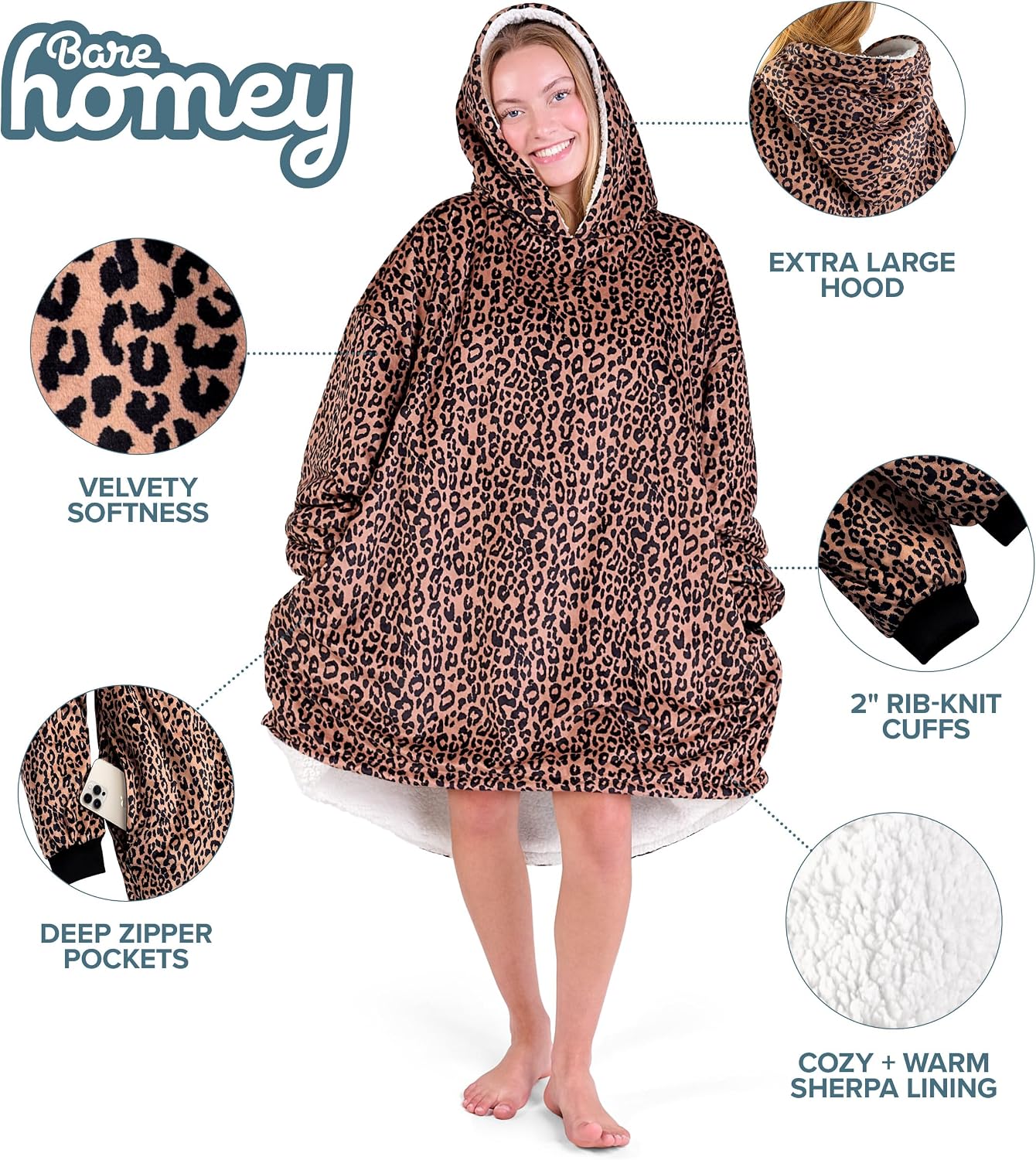 Bare Home Wearable Blanket Hoodie - Soft Plush Sherpa - Warm and Cozy - Oversized Wearable Blanket