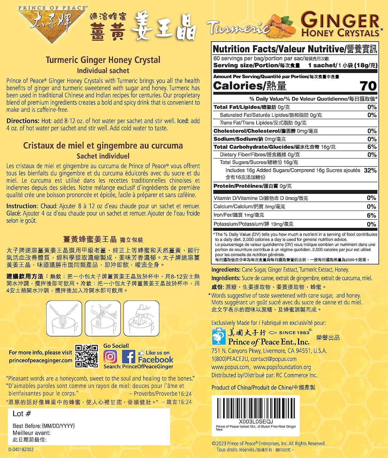 Prince of Peace Instant Ginger Honey Crystals with Turmeric, Value Pack 60 Sachets – Instant Hot or Cold Beverage Easy to Brew – Drink Like a Tea – Caffeine and Gluten Free – Real Ginger 38oz (1080g)
