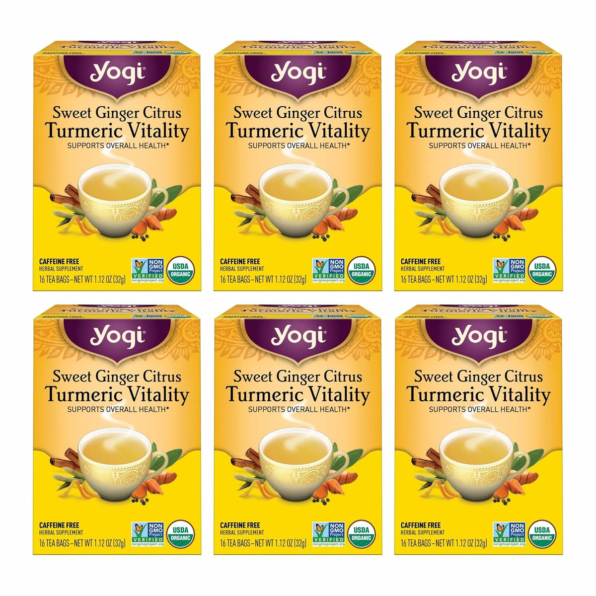 Yogi Sweet Ginger Citrus Turmeric Vitality Tea, 16 Tea Bags (6 Pack)