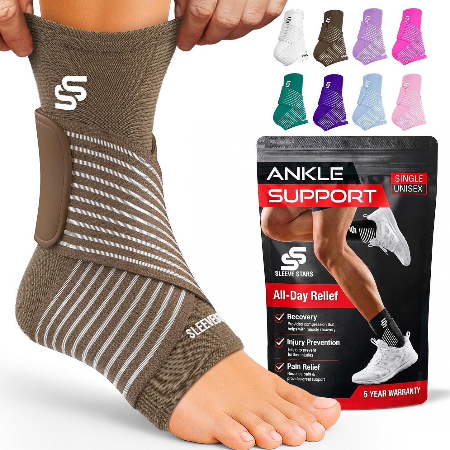 Sleeve Stars Ankle Brace for Women & Men, Ankle Wrap for Sprain, Compression Sleeve for Plantar Fasciitis Relief, Easy Customizable Support: w/ Removable Strap (Single/M:10"-12"/Black)