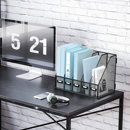 SUPEASY Desk Organizers Metal Desk Magazine File Holder with 5 Vertical Compartments Rack File Organizer for Office Desktop, Classroom, Home Workspace, Black