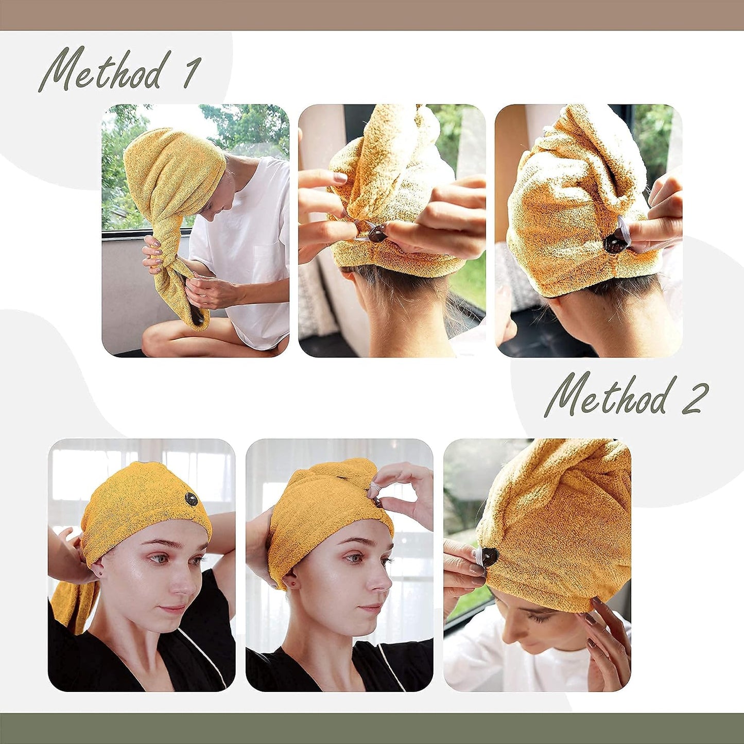 myHomeBody Hair Towel Wrap, Luxury Quick Drying Turban, Ultra Soft Absorbent Charcoal Fiber Cap, with Coconut Shell Button – Gray