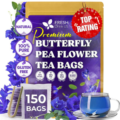 FreshDrinkUS, Premium 150 Butterfly Pea Flower Tea Bags, 100% Natural & Pure, Herbal Tea, Daily Infusion Botanical, No Sugar, No Caffeine, No Gluten, Vegan. Rich in Antioxidants