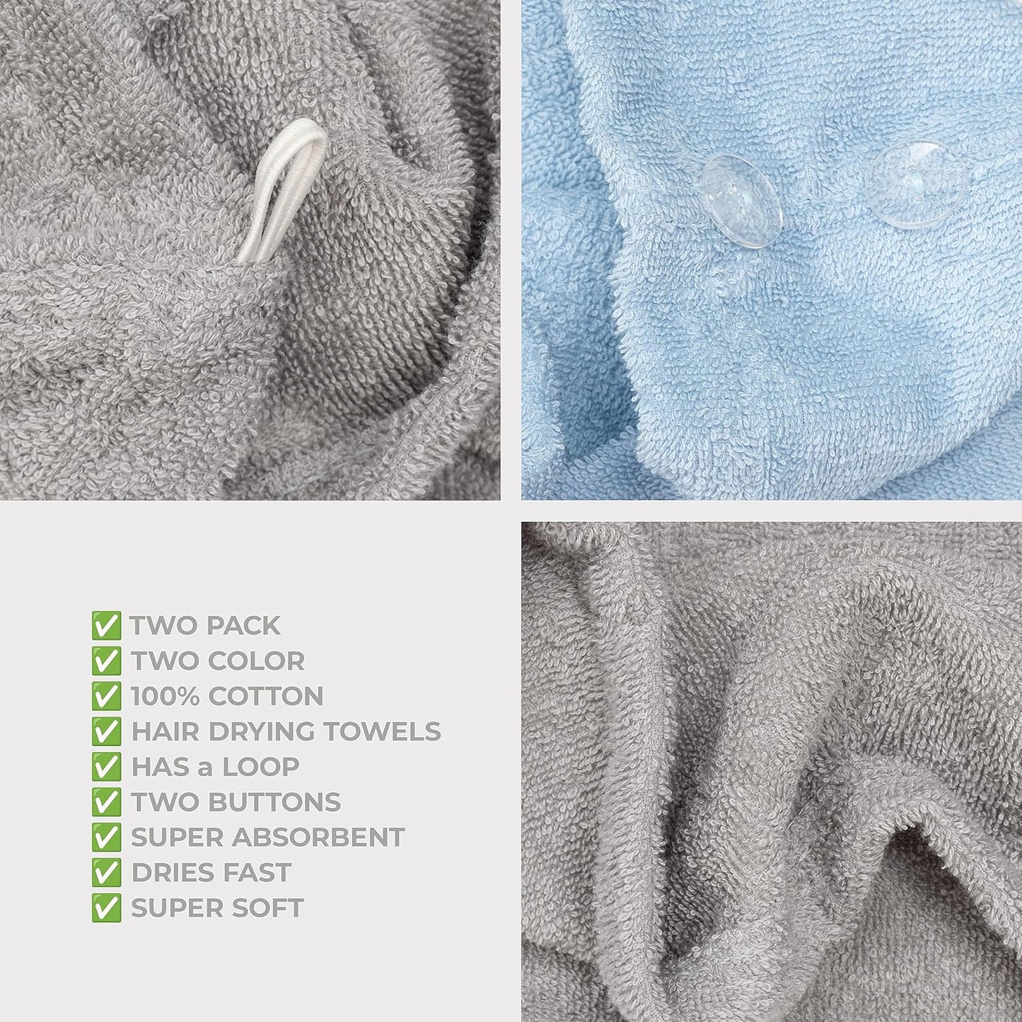 American Soft Linen 100% Cotton Hair Towels for Women, Head Towel Cap, Cotton Hair Turban Towel Wrap for Long Curly Anti Frizz Hair, Soft and Absorbent Cotton Hair Towels 2 Pack, White