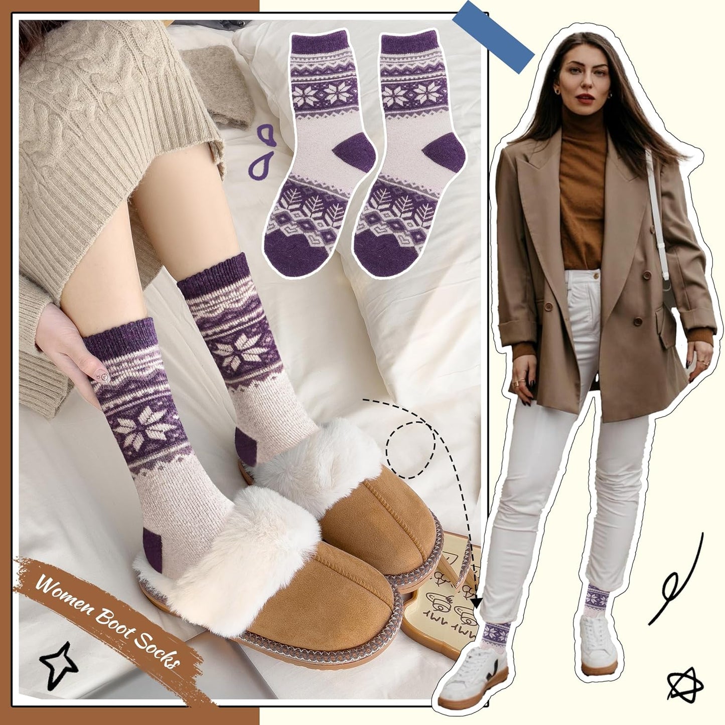 EBMORE Merino Wool Socks for Women Hiking Thermal Warm Winter Thick Boot Cozy Crew Comfy Work Socks for Ladies 5 Pairs