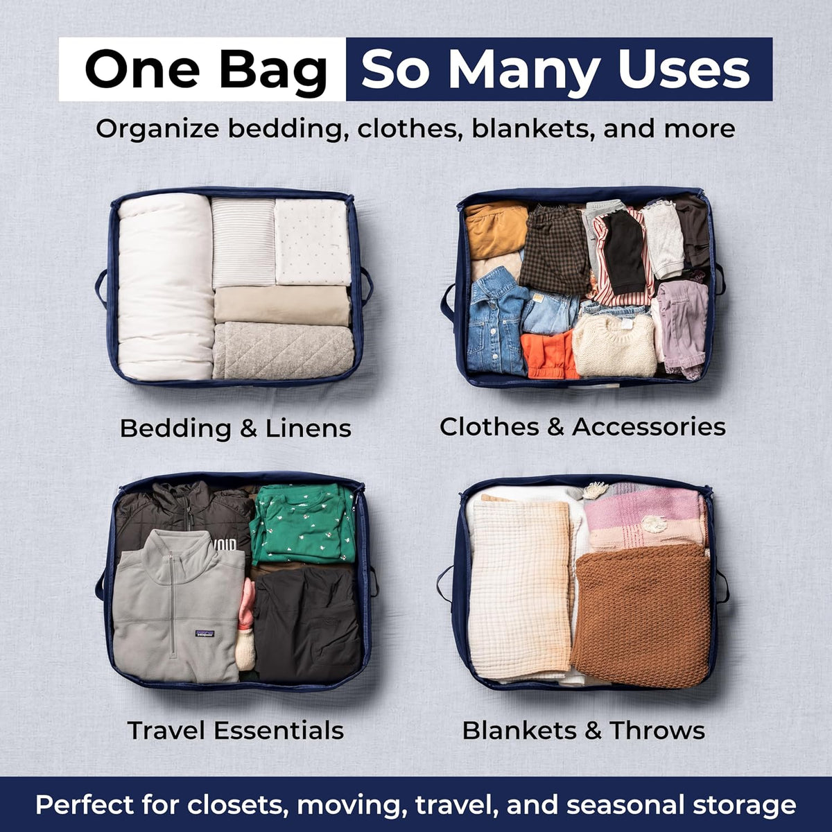 Soft Canvas Storage Bags with Zipper. Thick Breathable, 2pc King/Queen Comforter Organizer. Four Carrying Handles and Window. Large 25x19x9in Bag for Sheets Blankets Bedding Pillows, Clothes