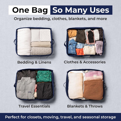 Soft Canvas Storage Bags with Zipper. Thick Breathable, 2pc King/Queen Comforter Organizer. Four Carrying Handles and Window. Large 25x19x9in Bag for Sheets Blankets Bedding Pillows, Clothes