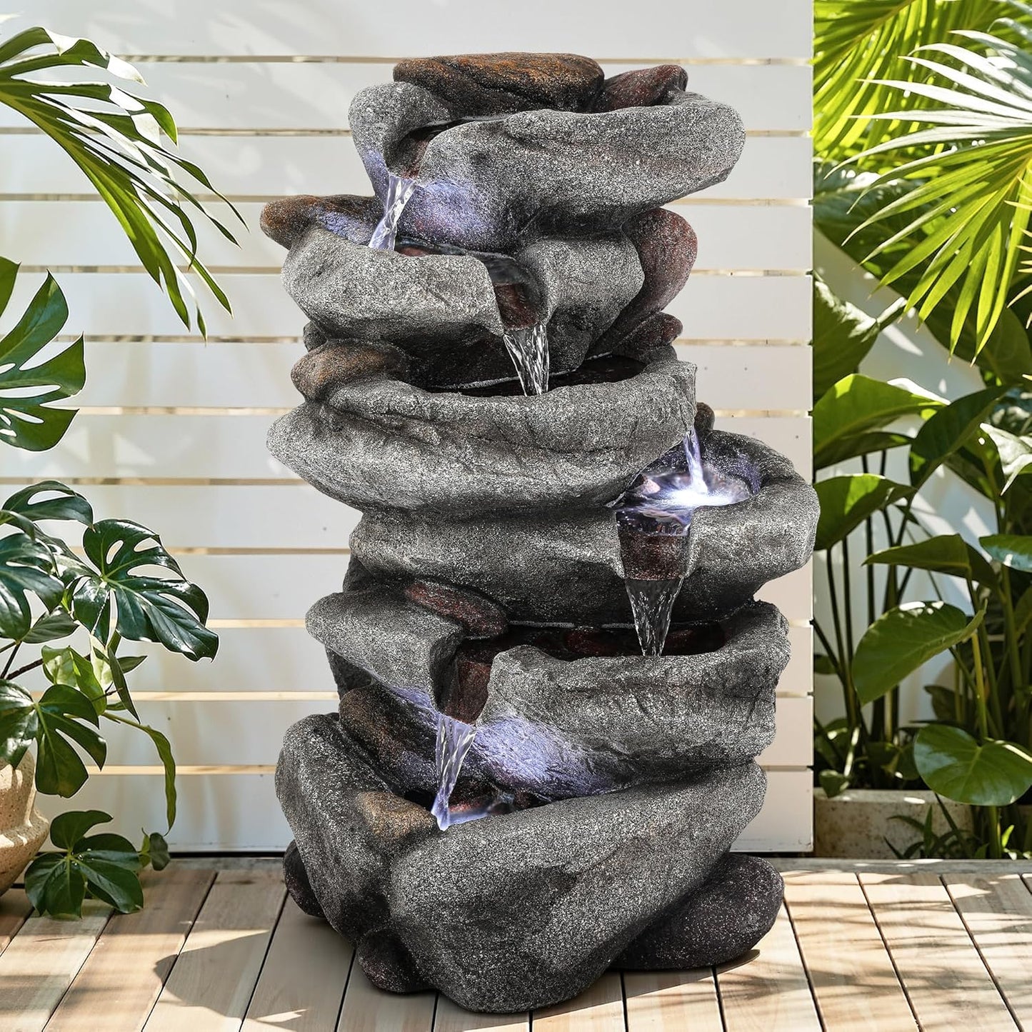 19.5" H 4-Tier Indoor & Outdoor Water Fountain with LED Lights | Resin Pebble Textured Tabletop Cascading Water Feature, Relaxing Decor for Patio, Porch, Deck, Yard & Home
