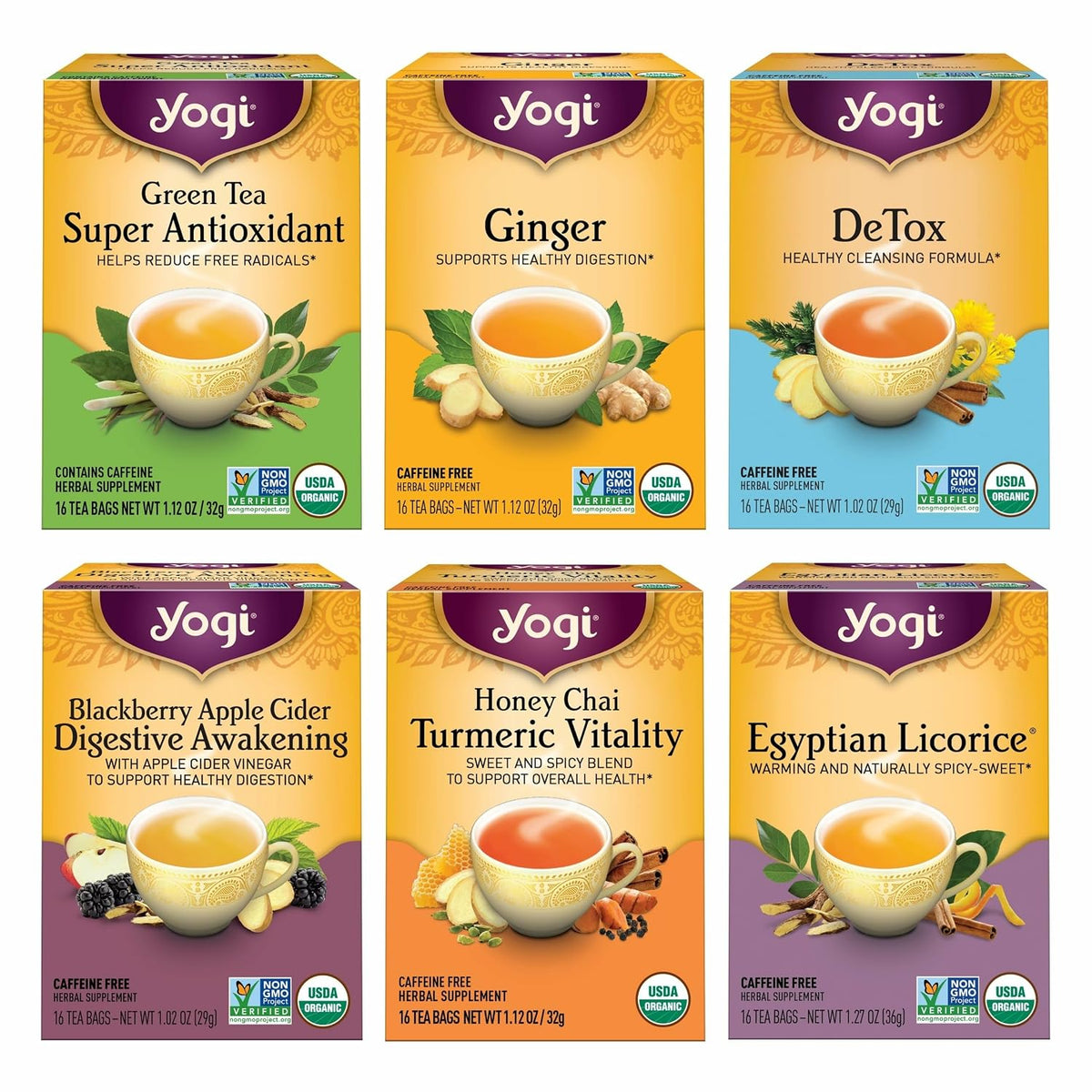 Yogi Digestion & DeTox Sampler Pack, 16 Tea Bags (6 Pack)