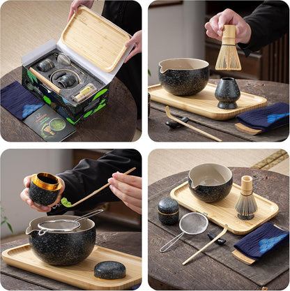 TEANAGOO Matcha Whisk Set Black,7 Pcs Matcha Set,Matcha Kit for Ceremony,Tradition Tea Set for Making Breakfast/Latte,Matcha Whisk Set with Bowl(Chawan)/Whisk and Holder,Gift for Family/Friend