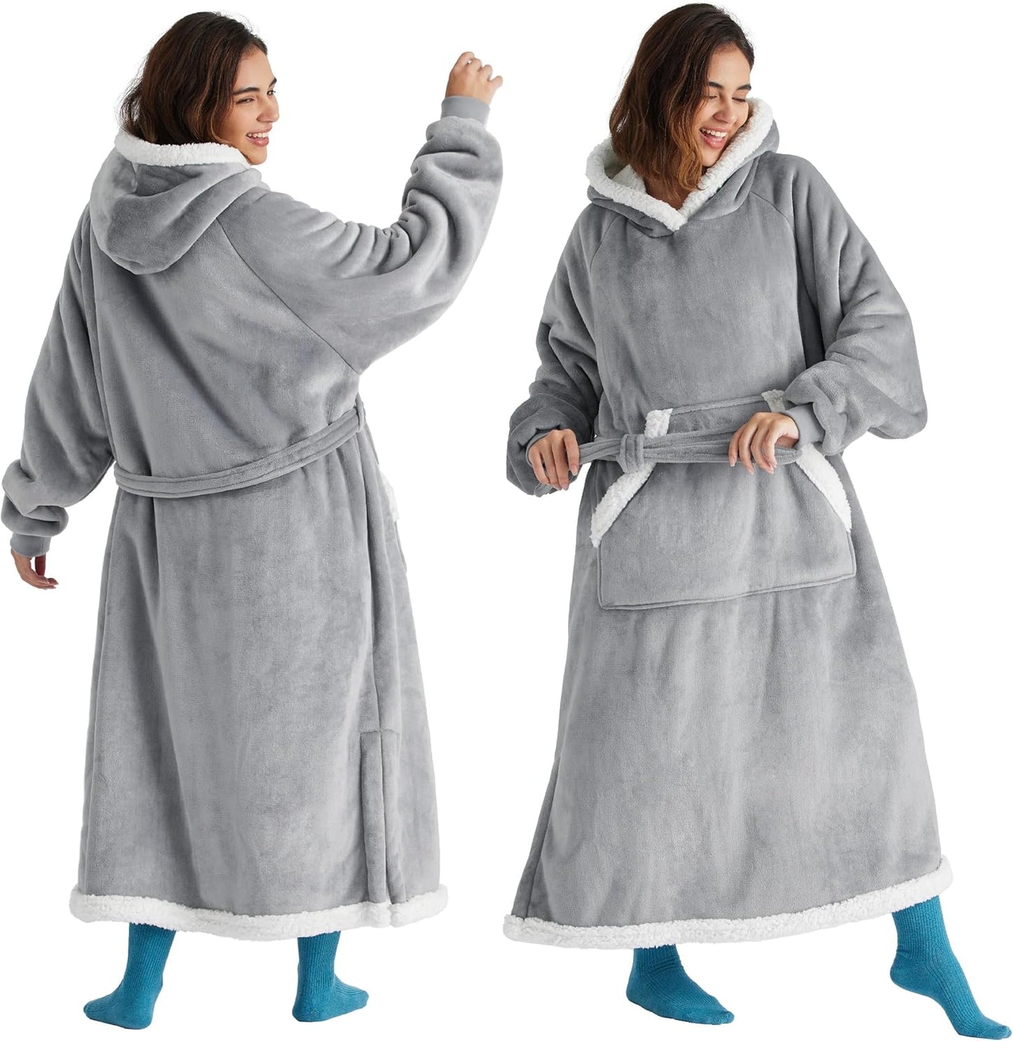 Bedsure Wearable Blanket Hoodie, Long Hooded Blanket Sweatshirt as Mothers Birthday Gifts for Women, Cozy Sherpa Hoodie for Adult, Standard, Grey