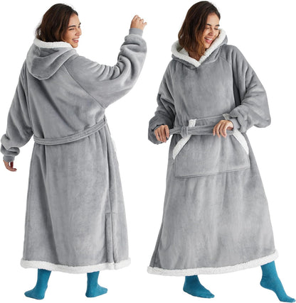 Bedsure Wearable Blanket Hoodie, Long Hooded Blanket Sweatshirt as Mothers Birthday Gifts for Women, Cozy Sherpa Hoodie for Adult, Standard, Grey
