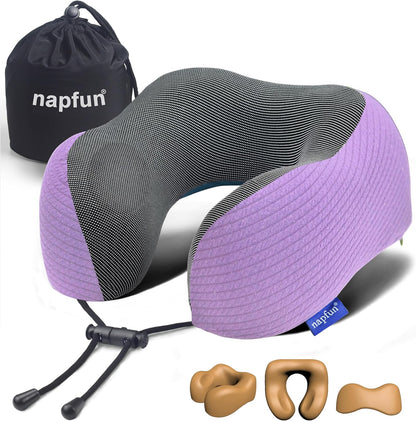 napfun Neck Pillow for Traveling, Upgraded Travel Neck Pillow for Airplane 100% Pure Memory Foam Travel Pillow for Flight Headrest Sleep, Portable Plane Accessories, Light Grey