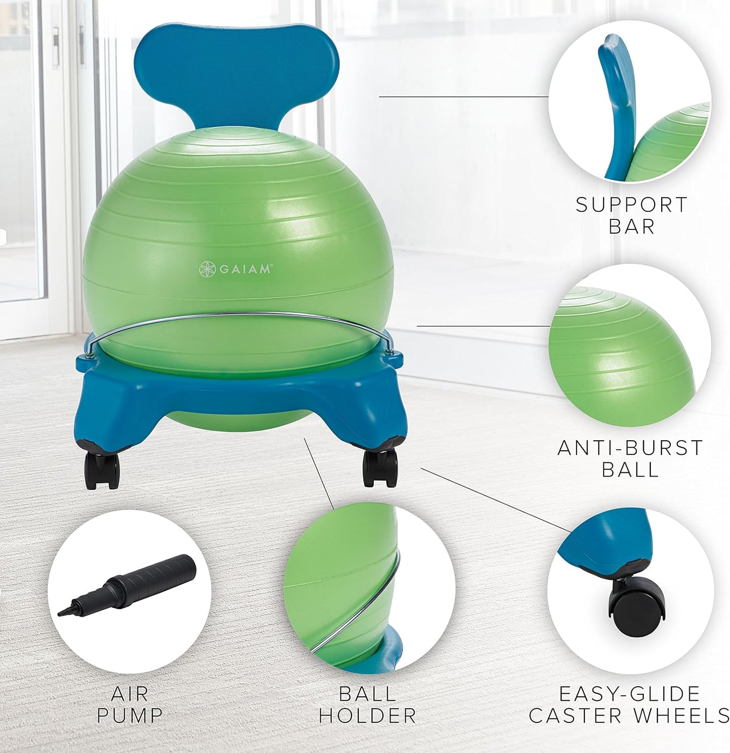 Gaiam Classic Balance Ball Chair – Ergonomic Stability Chair for Desk & Office | Yoga Ball Seat with Base, Air Pump, & Exercise Guide | Improves Posture & Core Strength (300 lb Capacity)