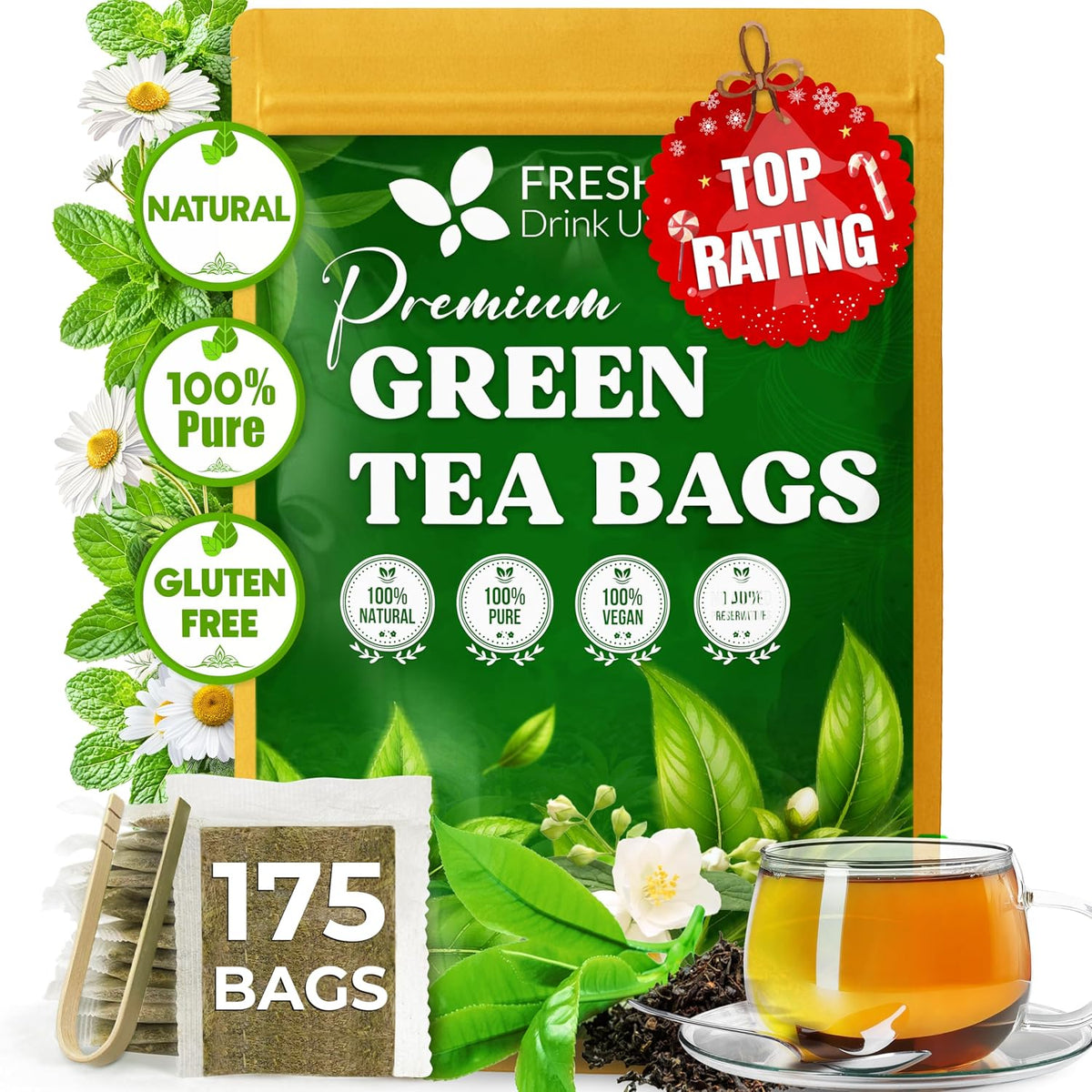 FreshDrinkUS, Premium Green Tea Bag, 175 Count, Pure, Resealable Pouch
