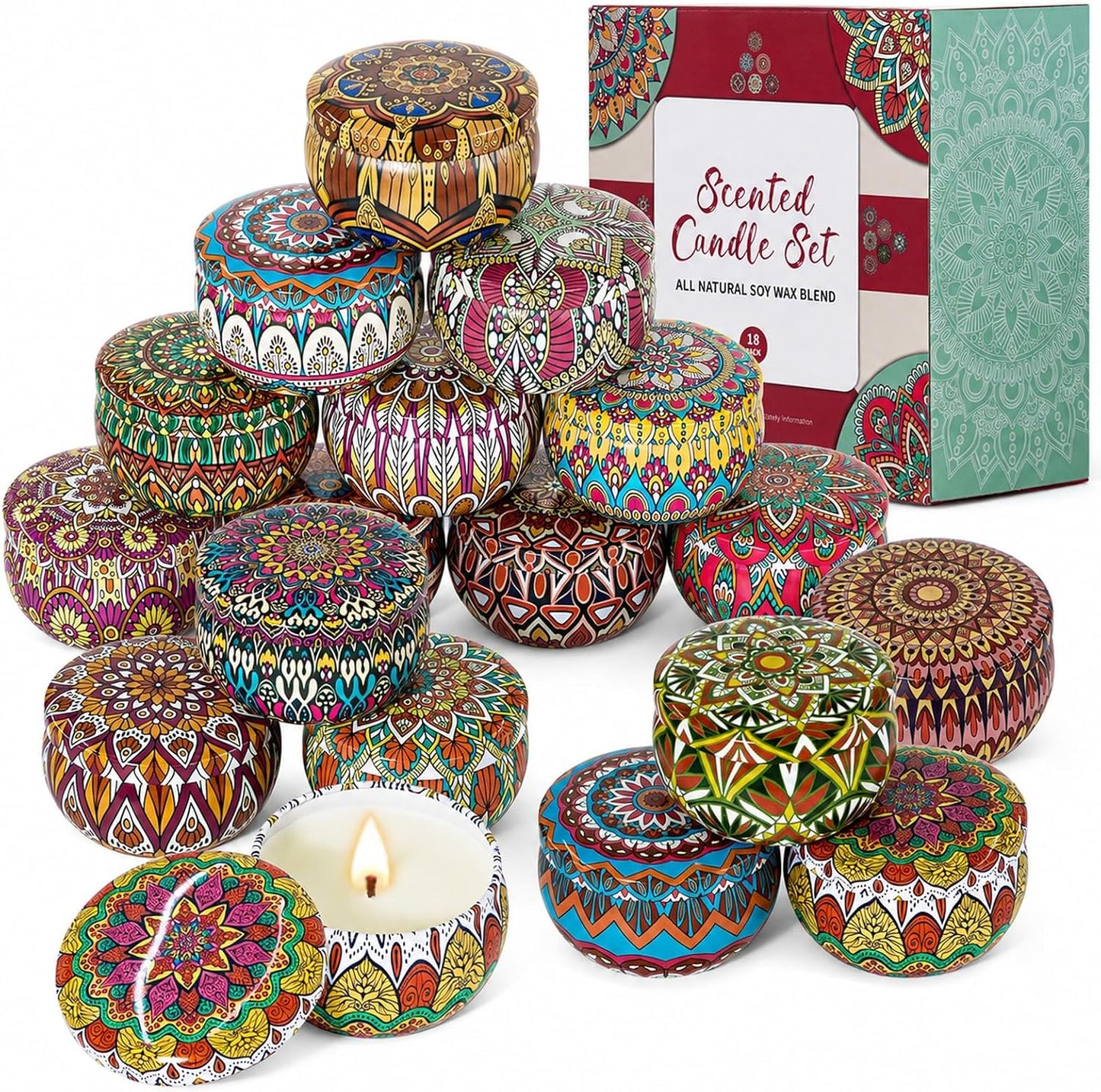 Scented Candles Gift Set for Women, 4 Pack Soy Wax Candles in Classic Bohemian Tins, Aromatherapy Candle Set, Birthday Gifts for Mom, Thank You Gifts
