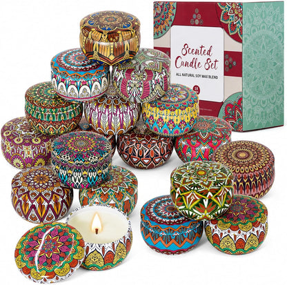Scented Candles Gift Set for Women, 4 Pack Soy Wax Candles in Classic Bohemian Tins, Aromatherapy Candle Set, Birthday Gifts for Mom, Thank You Gifts