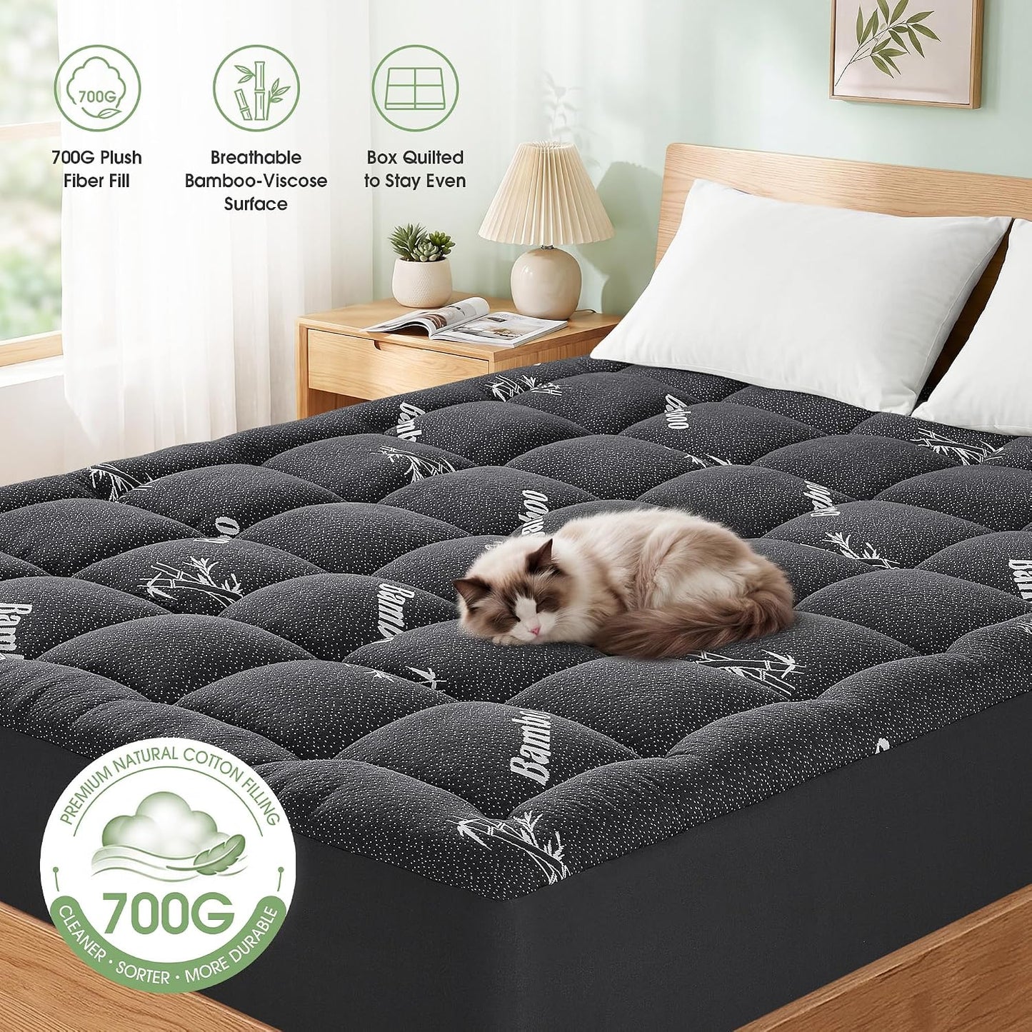 Mattress Pad Queen Size, Cooling Pillow Top Mattress Topper, Ultra Soft Viscose Made from Bamboo, Breathable for Hot Sleepers, Deep Pocket 8"-20", Green