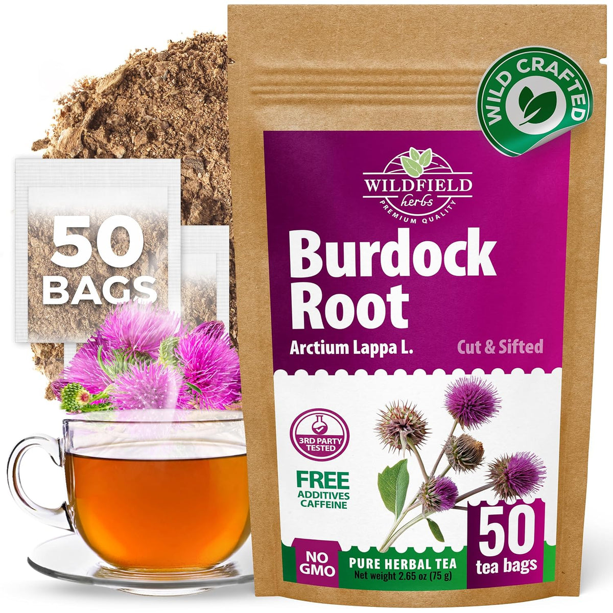 Wildfield Herbs 50 Bags Burdock Root Tea Herb Dried Burdock Root Tea Herb (Arctium Lappa Root) - 50 Count 1.5g Bags Bardana