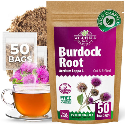 Wildfield Herbs 50 Bags Burdock Root Tea Herb Dried Burdock Root Tea Herb (Arctium Lappa Root) - 50 Count 1.5g Bags Bardana