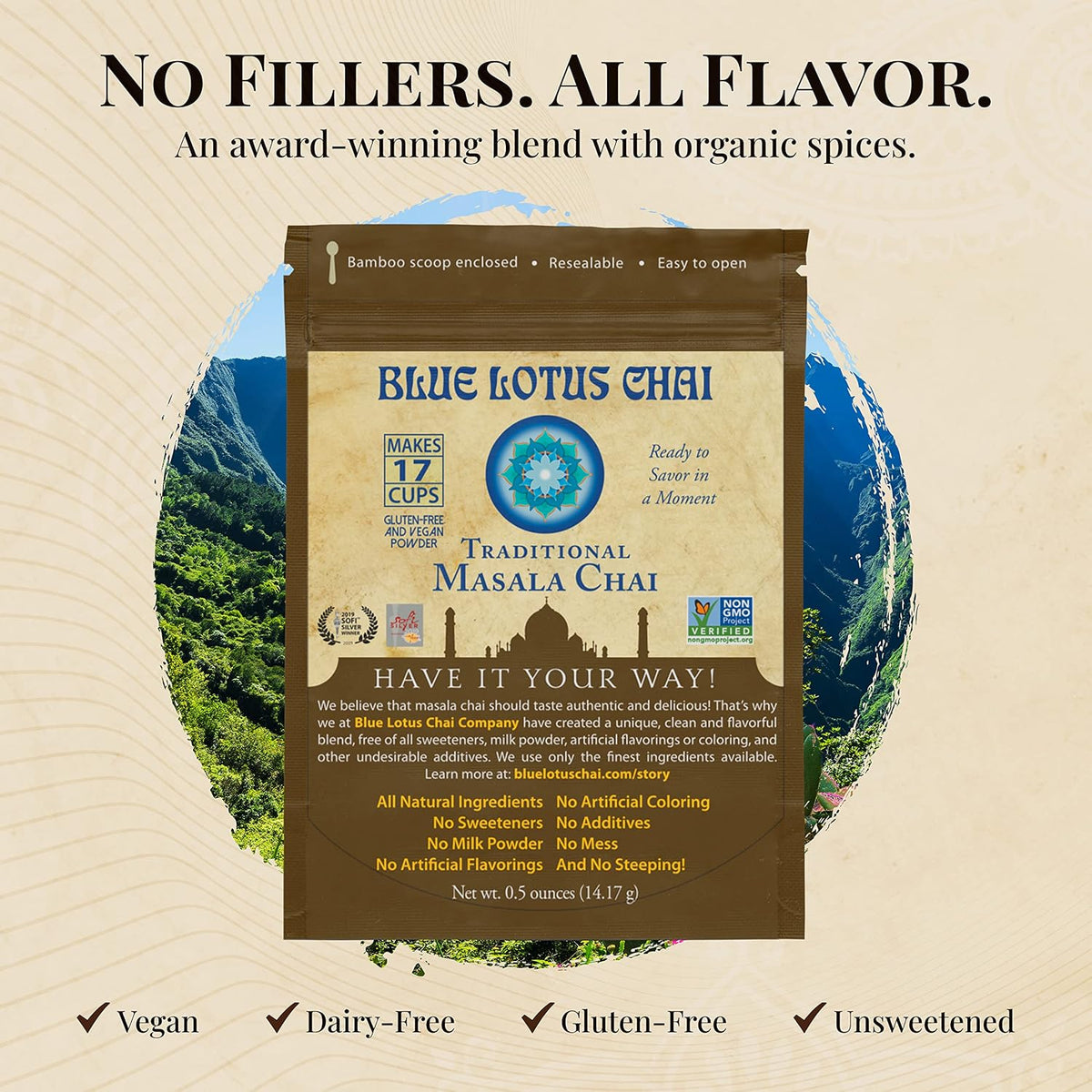 Blue Lotus Chai - Traditional Masala Chai - Makes 100 Cups - 3 Ounce Masala Spiced Chai Powder with Organic Spices - Instant Indian Tea No Steeping - No Gluten
