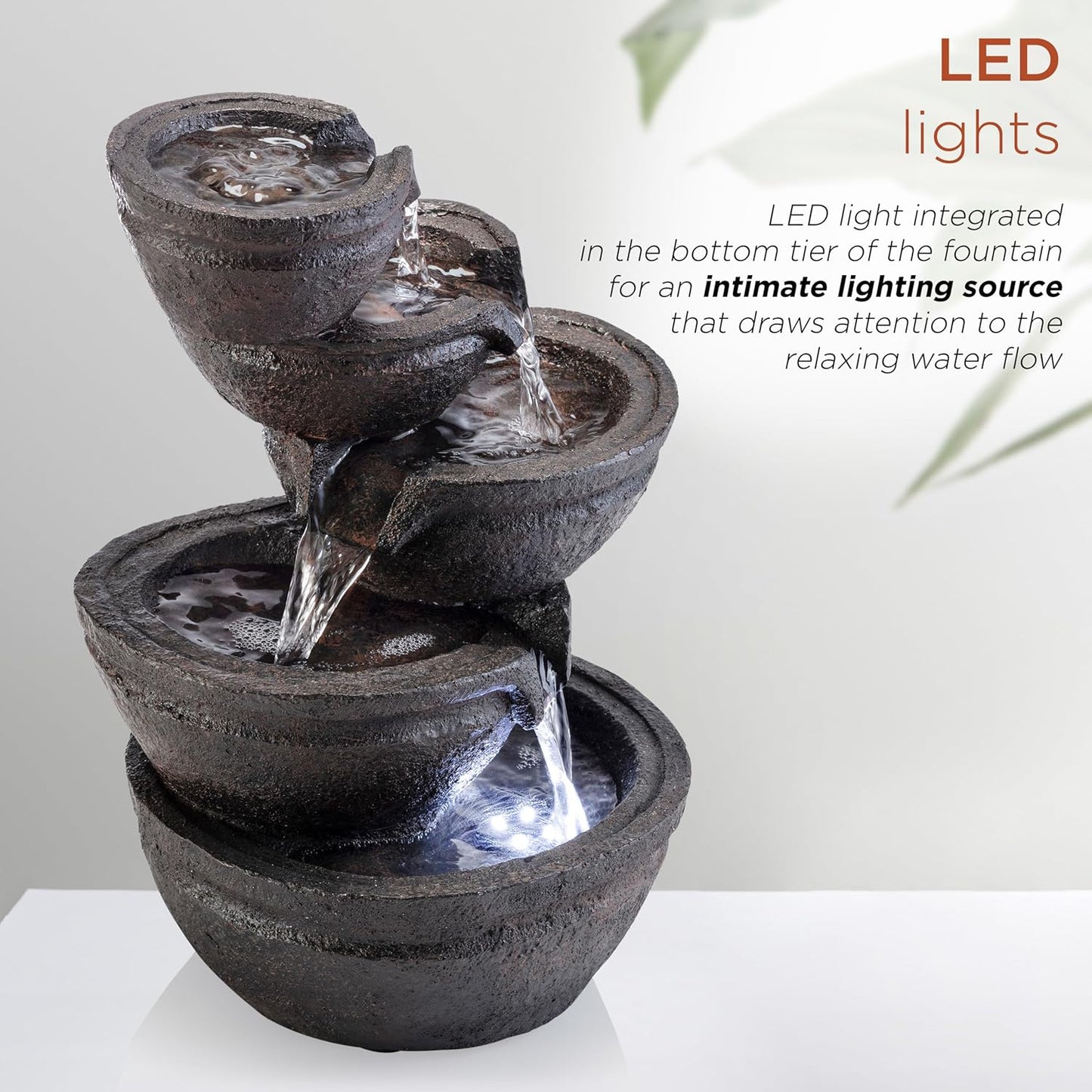 Alpine Corporation WIN1138 13" Indoor Tabletop Tiering Bowls Water Fountain with LED Lights – Cascading Water Feature for Home, Office, Meditation, and Relaxation, Dark Gray