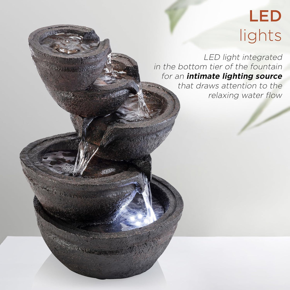 Alpine Corporation WIN1138 13" Indoor Tabletop Tiering Bowls Water Fountain with LED Lights – Cascading Water Feature for Home, Office, Meditation, and Relaxation, Dark Gray