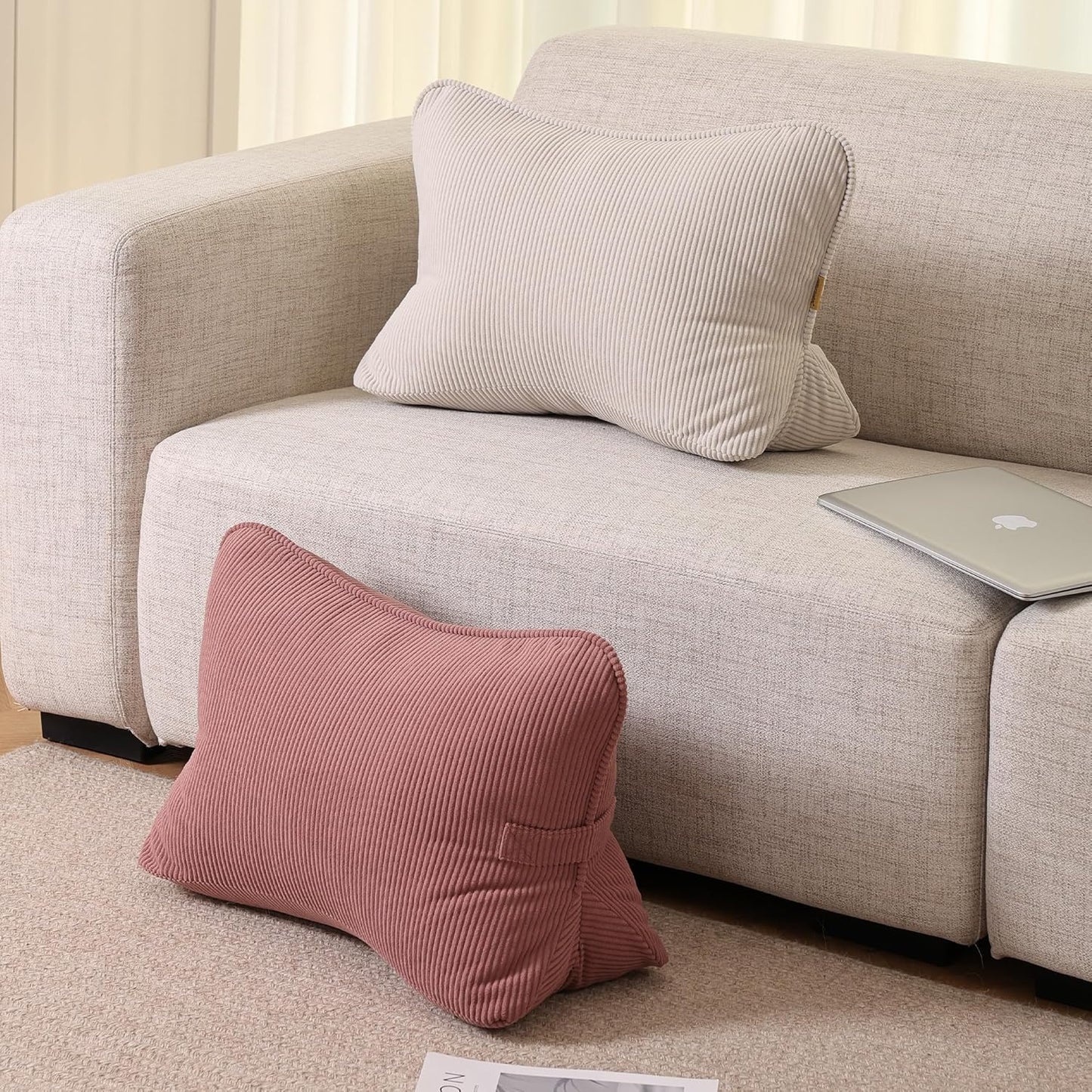 Pat. Pend. Corduroy Lumbar Support Back Pillow for Watching TV, Reading & Gaming, Ergonomic Triangle Support Cushion for Sofa, Armchair & Bed Sitting, Removable Washable Cover, Beige Gray