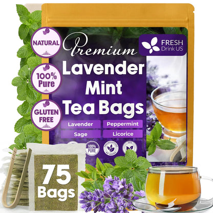 FreshDrinkUS, Premium Lavender Mint Tea, 75 Count, Caffeine Free, Vegan