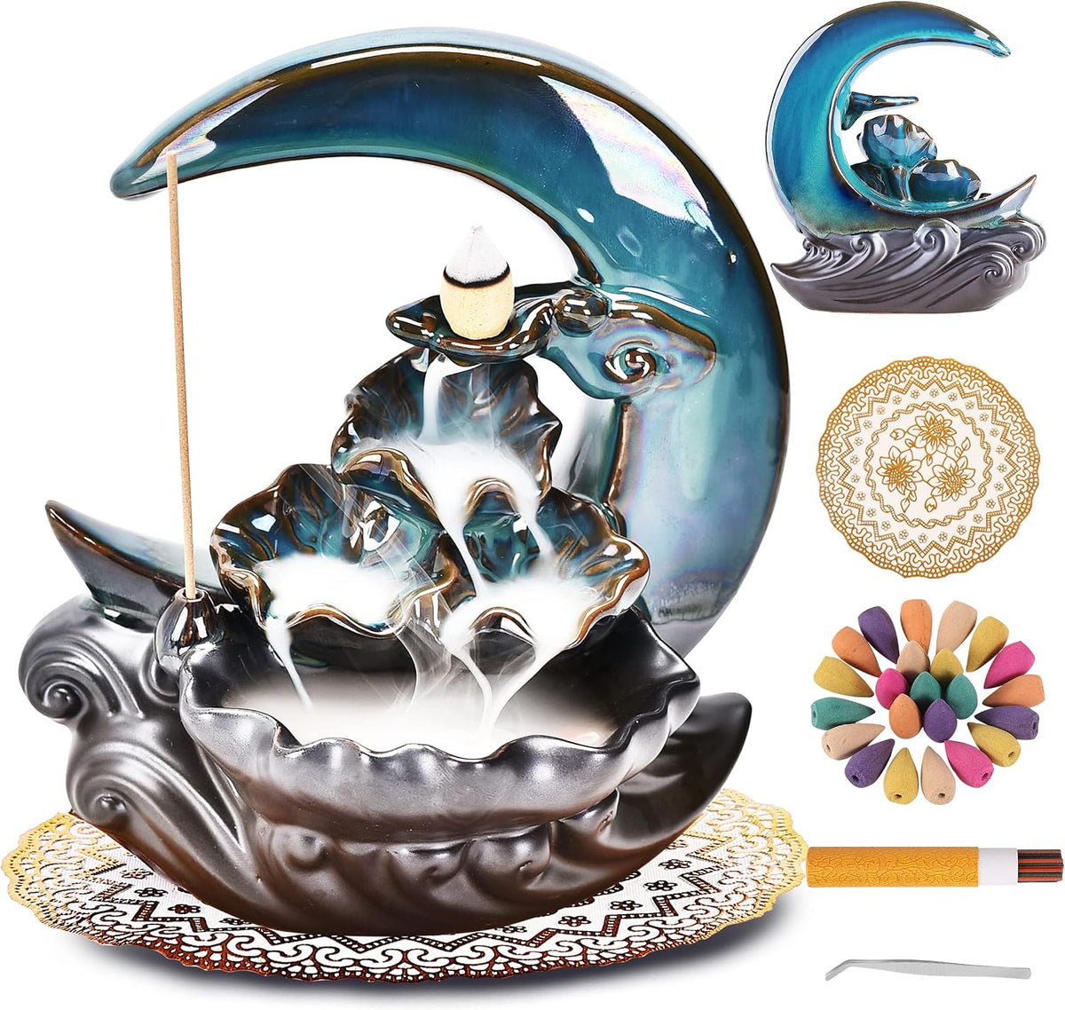New Moon Backflow Incense Holder, Ceramic Hand-Made Incense Fountain Burner with 100 Backflow Incense Cones，Fragrance Incense Stick，Mat，Aromatherapy Home Decoration