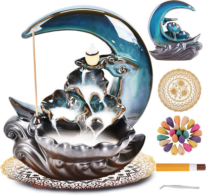 New Moon Backflow Incense Holder, Ceramic Hand-Made Incense Fountain Burner with 100 Backflow Incense Cones，Fragrance Incense Stick，Mat，Aromatherapy Home Decoration