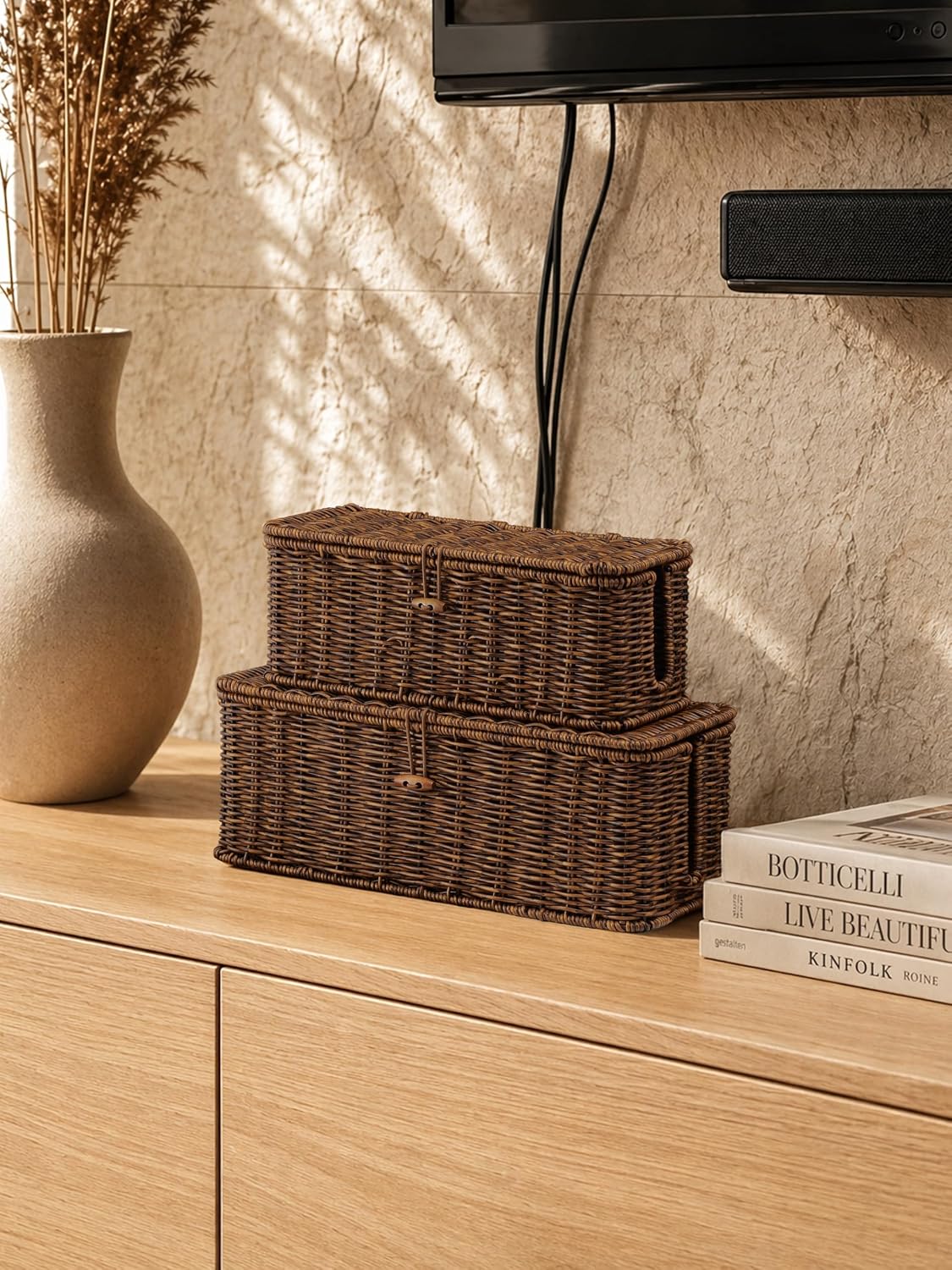 Cable Management Box, Cord Organizer with Lid & Cable Ties - Brown, L