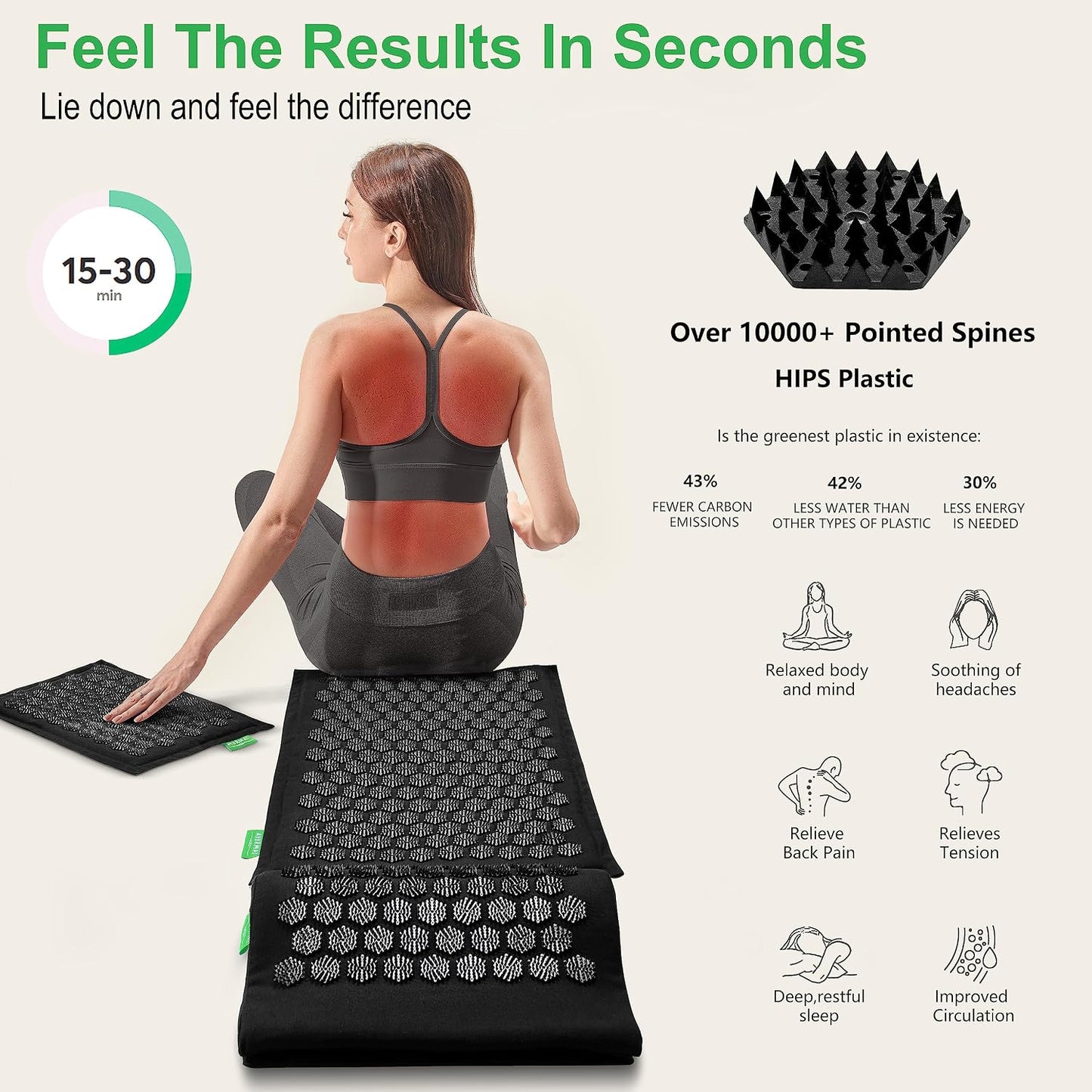 Acupressure Mat and Pillow Set - Full Body Pro Kit for Stress Relief, Muscle Relaxation & Pain Relief - Natural Eco-Friendly Linen & Coconut Fiber Mat - Includes Carrying Bag (Black)
