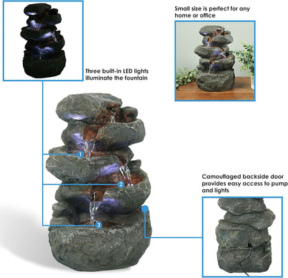 Sunnydaze 10" 5-Step Tabletop Water Fountain with LED Lights, Stacked Rocks