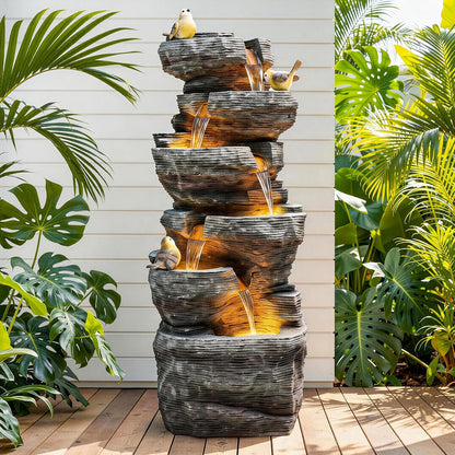 19.5" H 4-Tier Indoor & Outdoor Water Fountain with LED Lights | Resin Pebble Textured Tabletop Cascading Water Feature, Relaxing Decor for Patio, Porch, Deck, Yard & Home