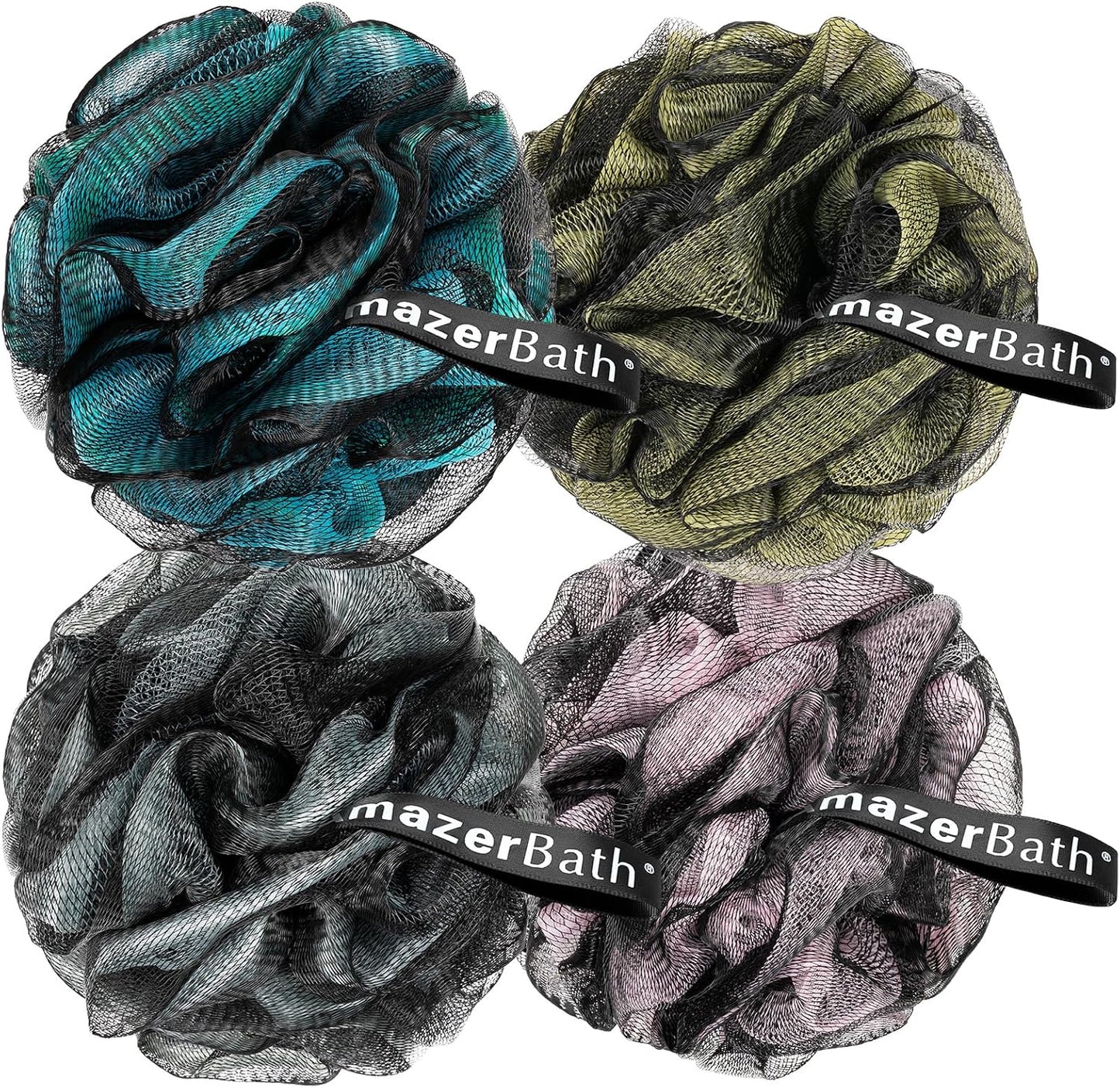 AmazerBath Charcoal Loofah Sponge, Shower Loofah 60g/PCS - Body Scrubber Loofa Set of 4 - Charcoal Blue, Green, Purple & Red, Bath Sponge for Men and Women