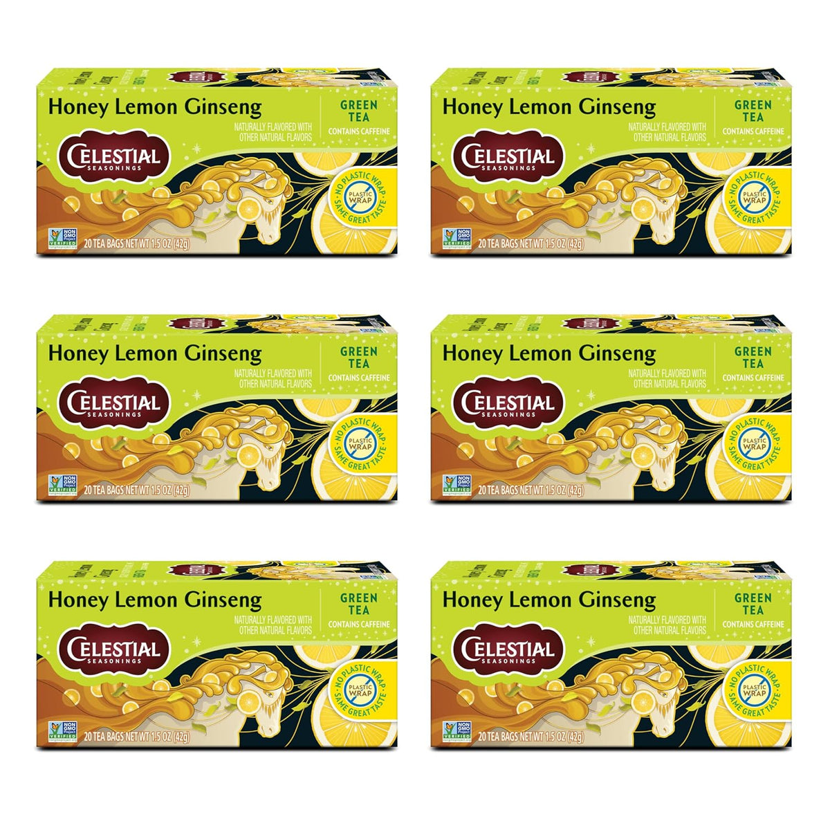 Celestial Seasonings Honey Lemon Ginseng Green Tea, Caffeinated, 20 Tea Bags Box (Pack of 6)