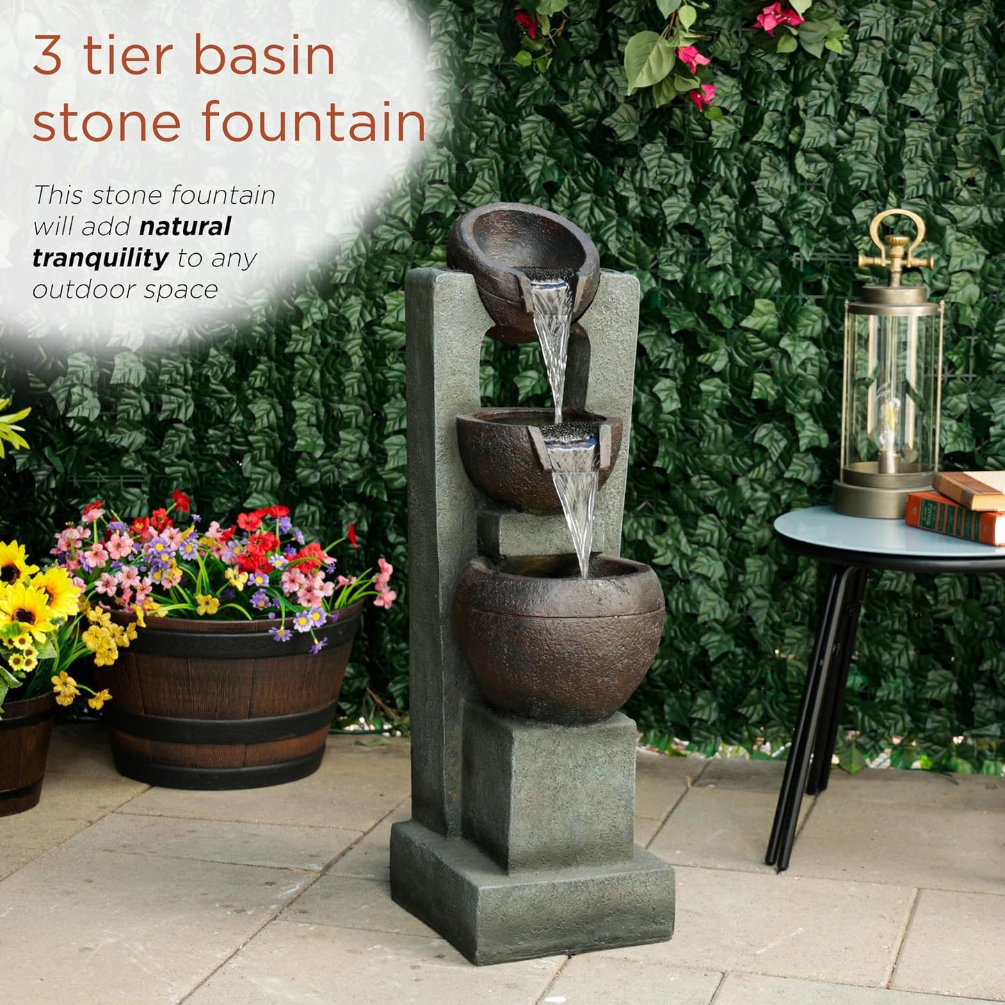 Alpine Corporatio 14" Tall Stoned Jar Cascading Water Fountain with LED Lights, Elegant Tabletop Water Feature for Home, Office, Living Room, and Bedroom Decor, Gray