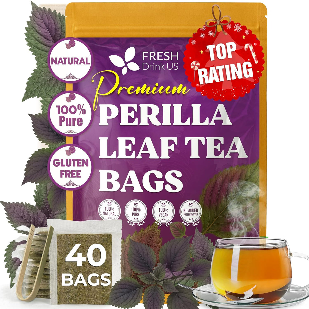 FreshDrinkUS, Premium Perilla Leaf Tea, 40 Count, Pure, Caffeine Free