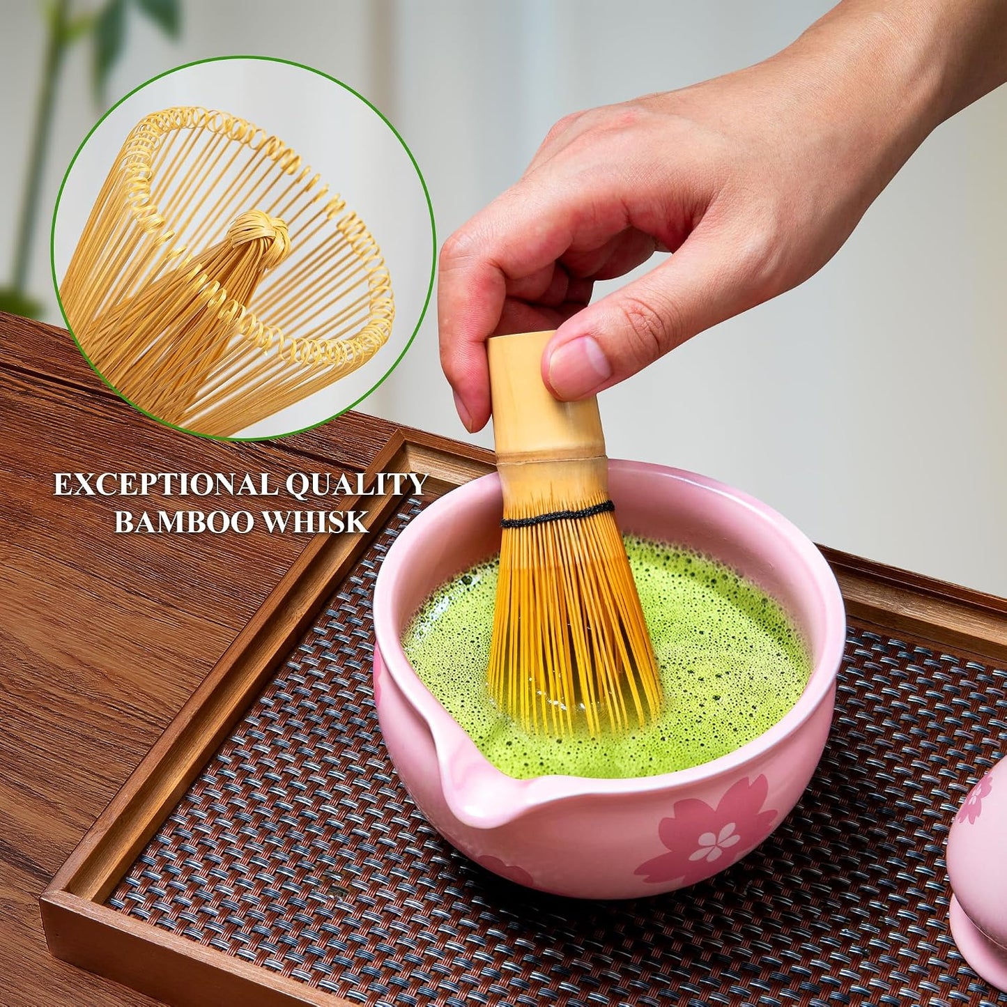 Matcha Whisk Set with Ceramic Bowl - Complete Matcha Making Kit, Bamboo Whisk (Chasen), Whisk Holder, Matcha Powder Sifter, Scoop, Japanese Tea Ceremony Tools（Green）
