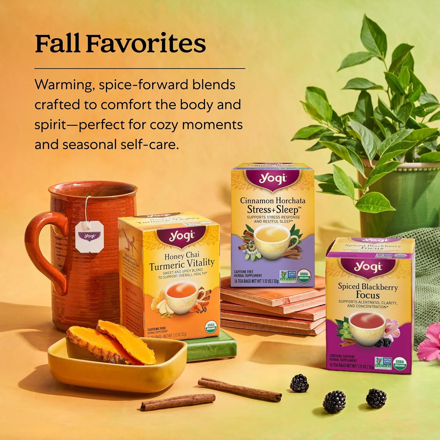 Yogi Tea - Fall Favorites Sampler Variety Pack - 16 Tea Bags Per Pack (6 Pack) - Assorted Tea Set - Caffeinated and Caffeine Free - Includes Cinnamon, Chai, Caramel, Blackberry, Vanilla & More
