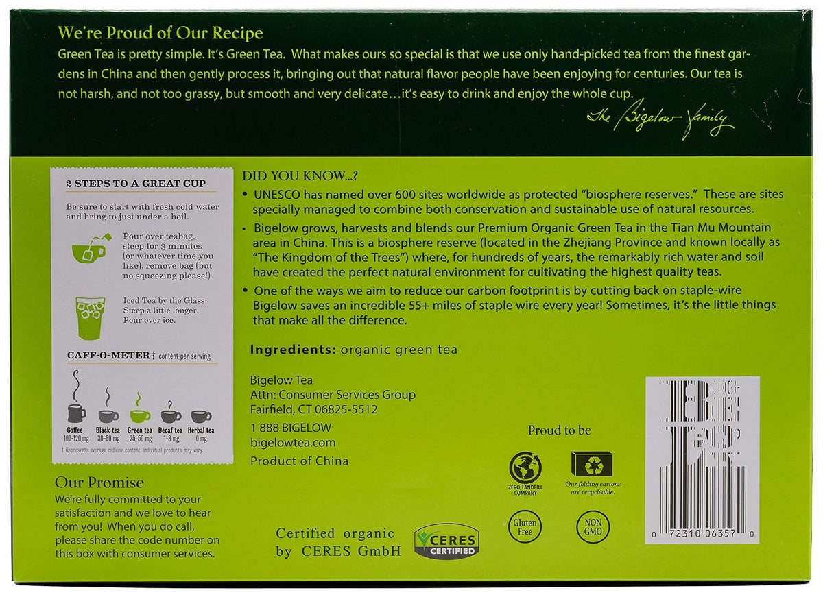 Bigelow Premium 100-Percent Organic Green Tea 150-Count Box, Individually Wrapped