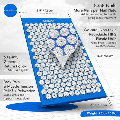 The Comfortable Acupressure Mat Pillow Massage Set - Neck & Back Pain Relief, Acupuncture Mat & Pillow Set for Increased Energy & Relaxation, Carry Bag, FSA/HSA Eligible, Blue