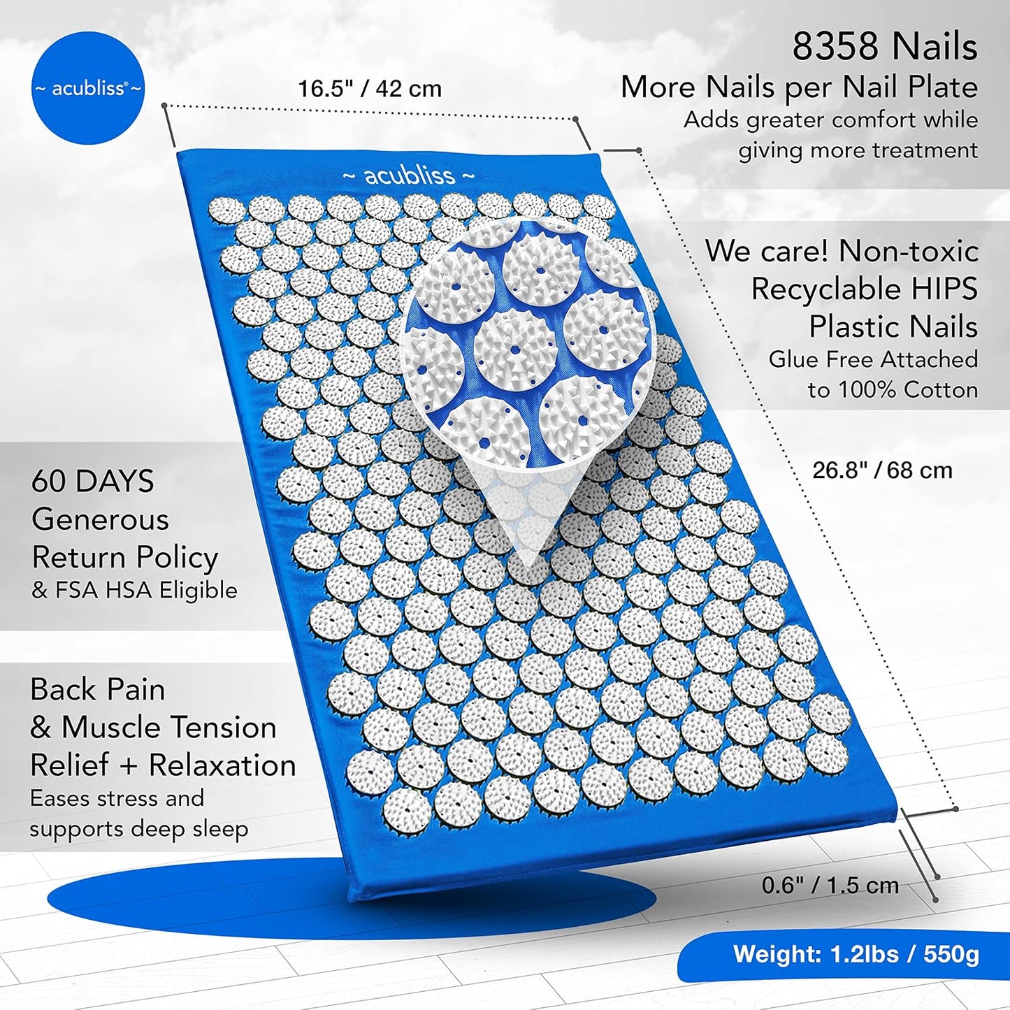 Premium Acupressure Mat, 8,358 Acupuncture Pressure Points for Back Pain Relief, Increased Energy, Relaxation with Drawstring Bag, 26x16x1", Blue