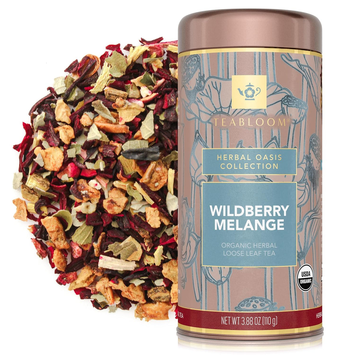 Teabloom Organic Herbal Tea, Wildberry Mélange Loose Leaf Tea, Berry Flavor Herbal Tea, USDA Organic Certified and Kosher Certified Fruit Tea Blend, 3.88 oz/110 g Canister Makes 35-50 Cups